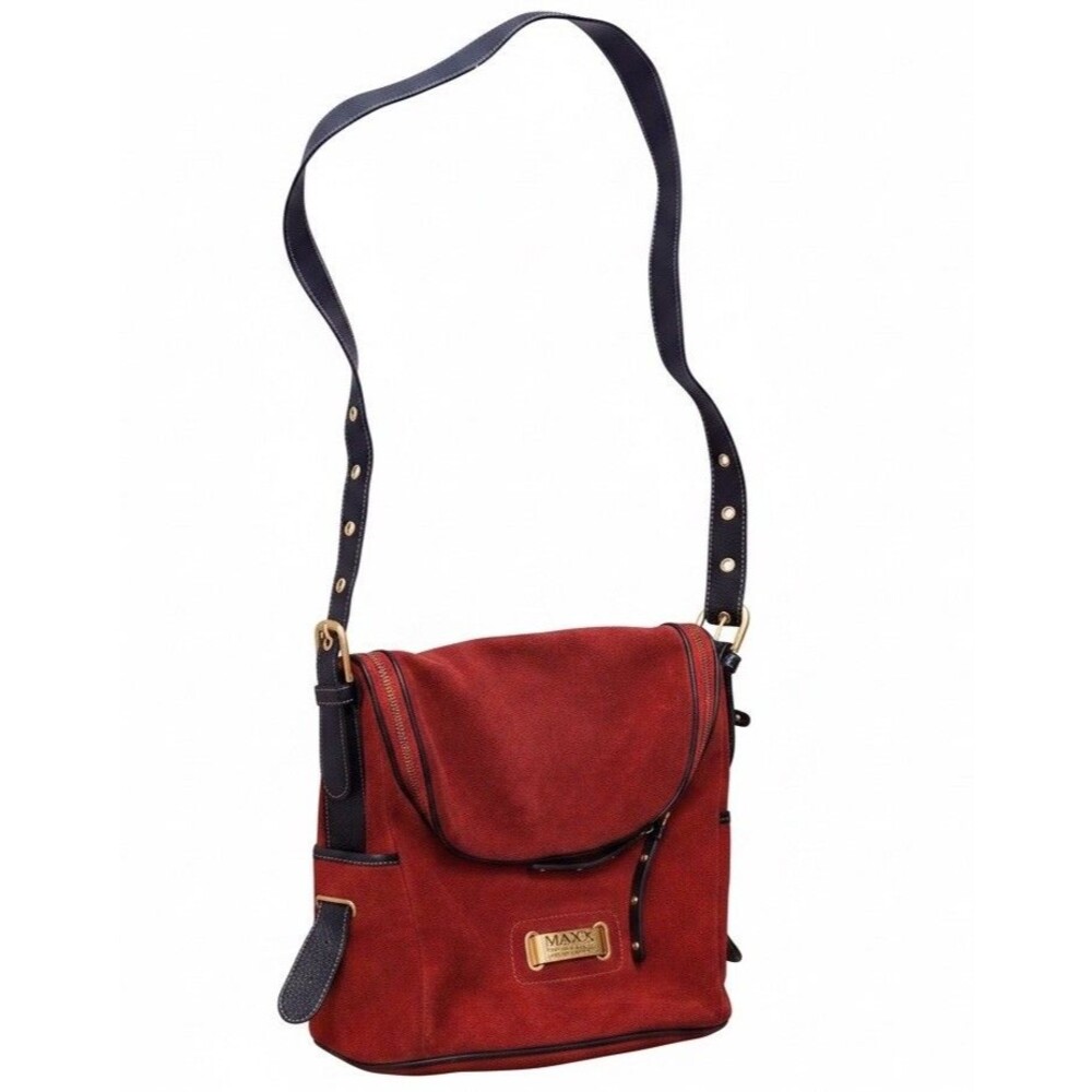 Maxx New York Signature Red Suede Crossbody Bag Leather Trim Paisley Lining